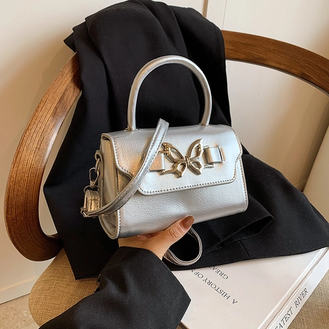 Women Glossy PU Leather Handbag With Butterfly Metal Buckle Trendy Korean Style Square Crossbody Bag For Daily Use