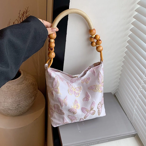Damen Satinn Achseltasche Mit Schmetterlingsstickerei Und Holzperlengriff Elegante Jacquard Baguette Tasche Retro Stil