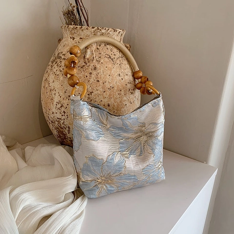 Borsa Sottobraccio da Donna Vintage Con Ricamo Farfalla in Tessuto Jacquard Satin Con Manico in Perline di Legno Borsa a Mano Stile Cinese