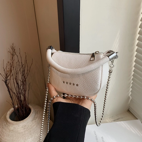 Women Mini Crossbody Bag PU Leather Lychee Texture Star Rivet Decor Small Saddle Bag Round Handle Chain Shoulder Bag