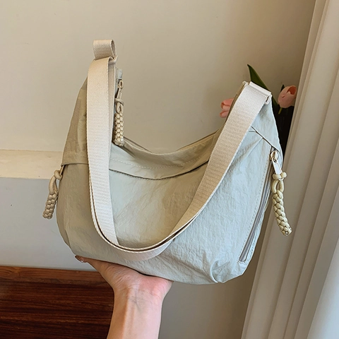Nylon Crescent Hobo Bag Women Large Capacity Casual Crossbody Shoulder Handbag Adjustable Wide Strap Woven Zipper Pulls