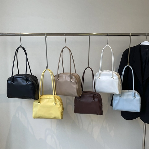 Women Boston Handbag PU Leather Retro Underarm Shoulder Bag Top Zipper Chic Commuting Solid Color Korean Style