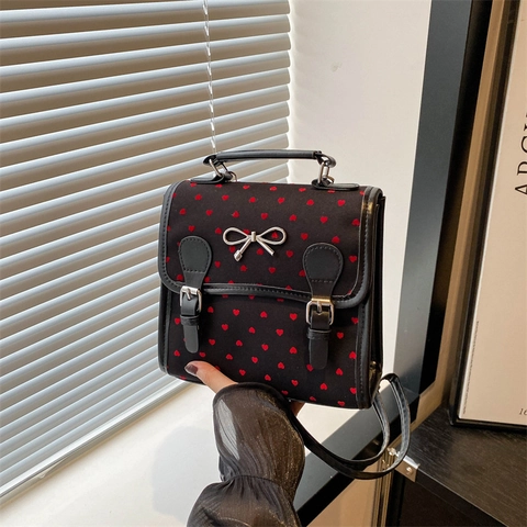 Zainetto Mini in Stile Preppy da Donna con Pois e Cuori Fiocco Dolce Pelle PU Borsa a Mano Piccola da Viaggio per Signora