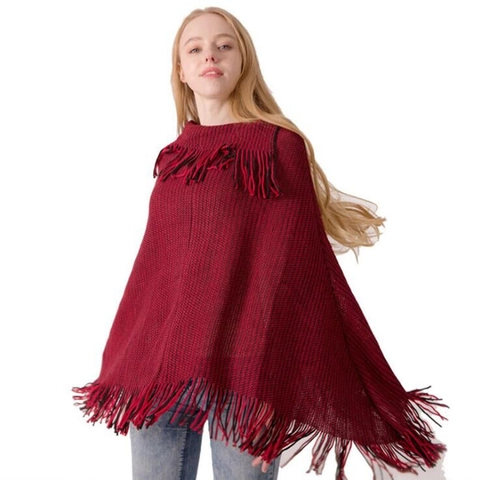 Damen Casual Acryl Strick Poncho Mit Quasten Fledermausärmel Revers Umhang Für Herbst Winter Outwear Einfarbig