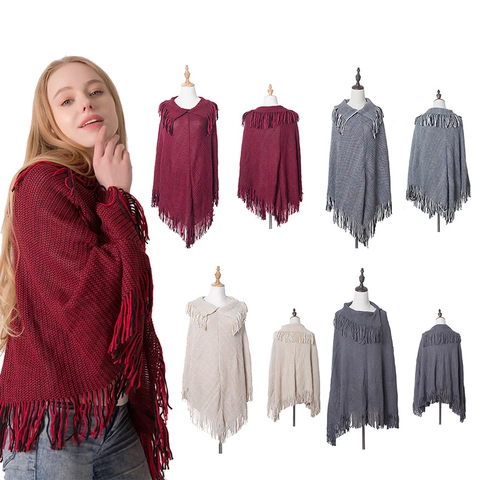 Damen Casual Acryl Strick Poncho Mit Quasten Fledermausärmel Revers Umhang Für Herbst Winter Outwear Einfarbig