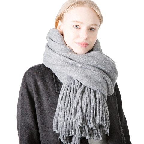 Solid Color Winter Scarf For Men Women Long Tassel Thick Faux Wool Warm Knit Shawl Wrap Casual Commute Fashion Accessory