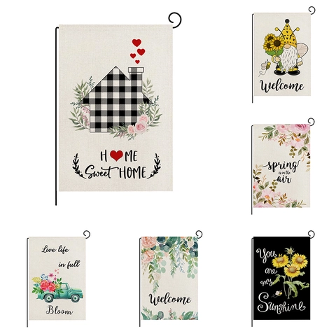 Spring Garden Flag With Metal Stand Vertical Double Sided Polyester Watercolor Flower Butterfly Gnome Welcome Yard Decor