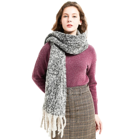 Winter Thick Warm Boucle Yarn Scarf For Women Men Long Tassel Soft Mottled Solid Color Knit Shawl Wrap Outdoor Neck Warmer