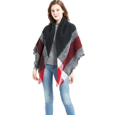 Women Large Plaid Scarf Thick Warm Winter Shawl Wrap With Fringed Edges Polyester Square Plaid Blanket Shawl For Ladies
