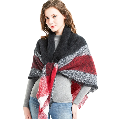 Women Large Plaid Scarf Thick Warm Winter Shawl Wrap With Fringed Edges Polyester Square Plaid Blanket Shawl For Ladies