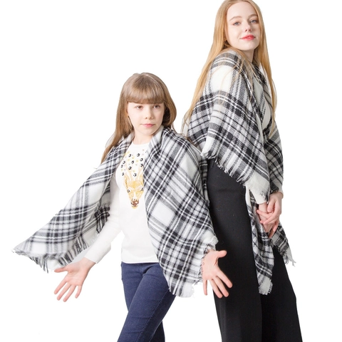 Parent-Child Cashmere-Like Plaid Scarf Warm Soft Plaid Shawl With Tassel For Adults And Kids Winter Fashion Accessory