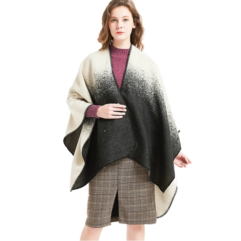 Châle Femme Dégradé Ombré Imitation Cachemire Enveloppant Chaud Épais Poncho Hiver Avec Bordure Point De Couverture