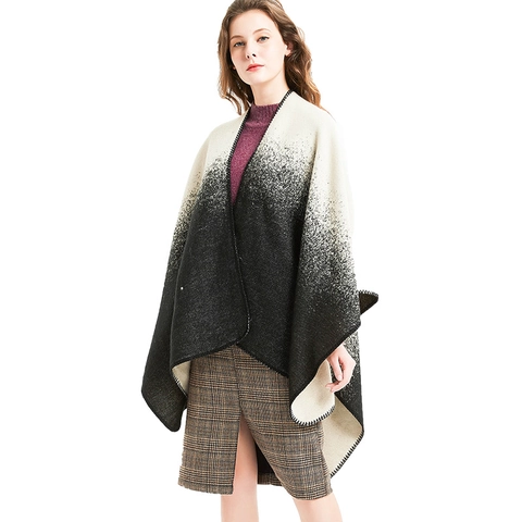 Châle Femme Dégradé Ombré Imitation Cachemire Enveloppant Chaud Épais Poncho Hiver Avec Bordure Point De Couverture