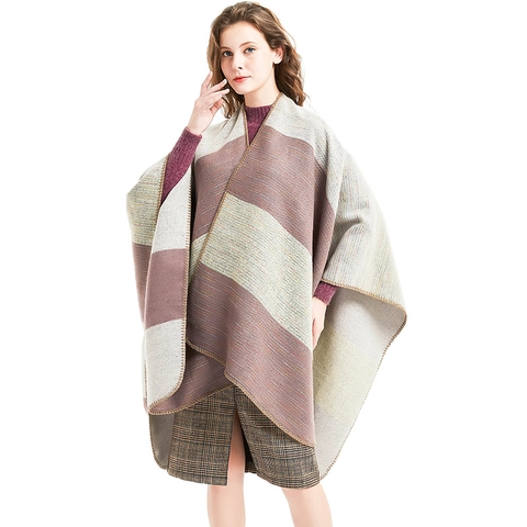 Poncho In Maglia A Righe Da Donna Scialle Finta Cashmere Spacco Avvolgente Inverno Caldo Elegante Morbido Moda