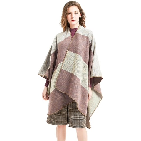 Poncho In Maglia A Righe Da Donna Scialle Finta Cashmere Spacco Avvolgente Inverno Caldo Elegante Morbido Moda