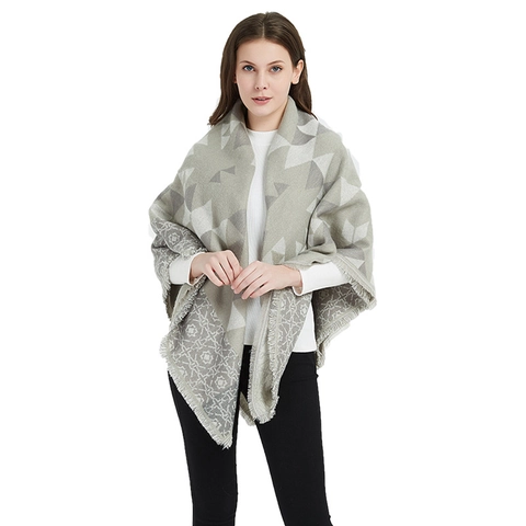 Scialle da Donna Grande in Jacquard Geometrico Caldo Involucro Quadrato in Imitazione Cashmere Con Nappine Sciarpa Invernale