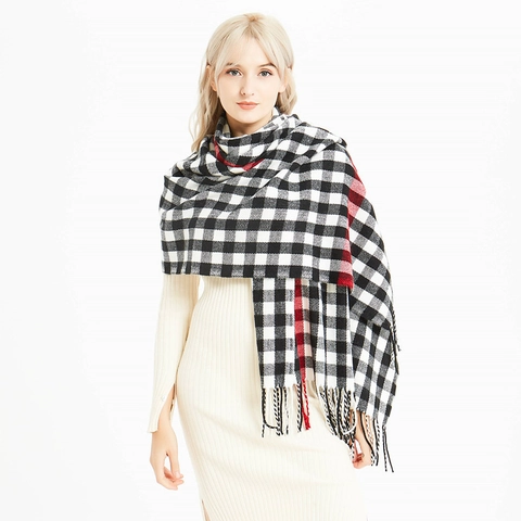 Winter Plaid Scarf Tassel Shawl Imitation Cashmere Acrylic Warm Thick Soft Large Long Elegant Classic Vintage Fashion