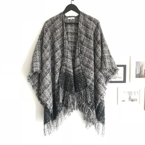 Femme Hiver Poncho Écharpe Épais Chaud À Carreaux Châle Enveloppant Avec Franges Glands Ouvert Devant Élégant