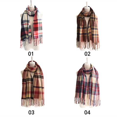 Sciarpa Classica a Quadretti con Nappine da Donna Stile Britannico in Acrilico Effetto Cachemire Scialle Invernale Caldo Morbido