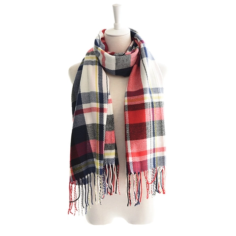 Sciarpa Classica a Quadretti con Nappine da Donna Stile Britannico in Acrilico Effetto Cachemire Scialle Invernale Caldo Morbido