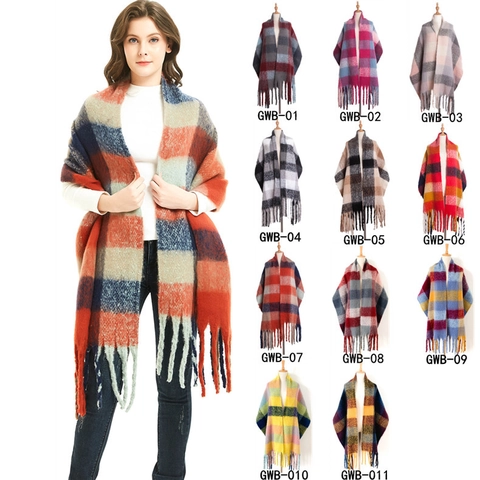 Women Winter Thick Plaid Scarf Boucle Yarn Imitation Mohair Oversized Shawl With Long Tassels Warm Soft Fashion Wraps