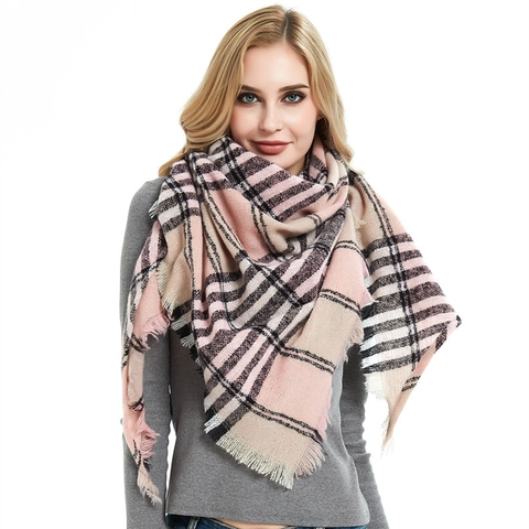 Women Plaid Scarf Shawl Triangular Warm Polyester Tassels Checkered Autumn Winter Wrap