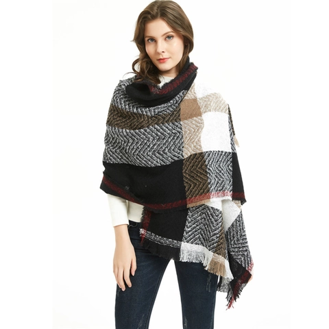 Large Plaid Check Scarf Shawl Polyester Brushed Warm Winter Tassel Herringbone Elegant Fashion For Women