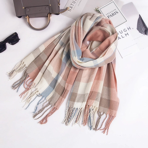 Sciarpa A Quadri Acrilico Imitazione Cashmere Caldo Inverno Nappine Scialle Lungo Elegante Morbido Donna Moda Accessorio