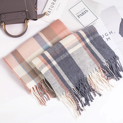 Sciarpa A Quadri Acrilico Imitazione Cashmere Caldo Inverno Nappine Scialle Lungo Elegante Morbido Donna Moda Accessorio