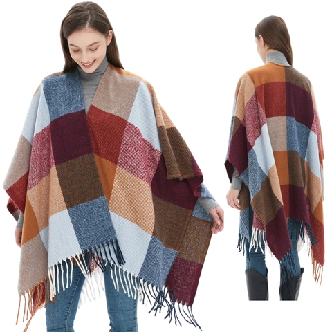 Poncho Cape à Carreaux Vintage Femme Tricot Acrylique Franges Glands Châle Chaud Multicolore Automne Hiver Décontracté Mode