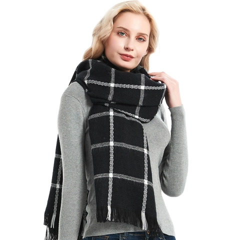 Checkered Scarf Large Warm Shawl Wrap Cashmere Like Polyester Grid Pattern Soft Winter Accessory With Tassels