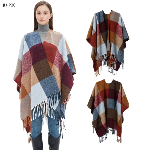 Poncho Cape à Carreaux Vintage Femme Tricot Acrylique Franges Glands Châle Chaud Multicolore Automne Hiver Décontracté Mode