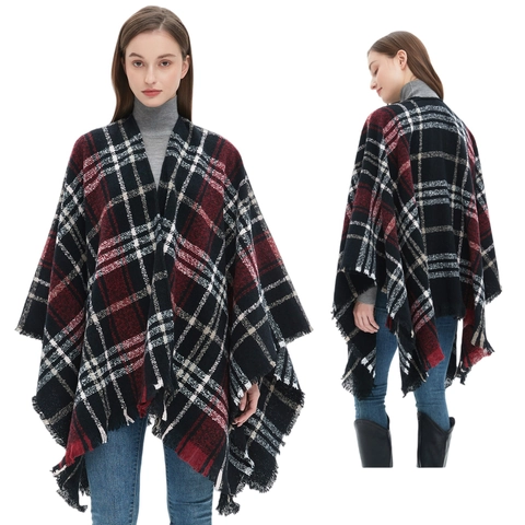 Women's Plaid Shawl Poncho Red Black Grid Pattern Boucle Yarn Winter Warm Cape Wrap With Tassel Fringe For Daily Wear