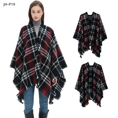 Women's Plaid Shawl Poncho Red Black Grid Pattern Boucle Yarn Winter Warm Cape Wrap With Tassel Fringe For Daily Wear