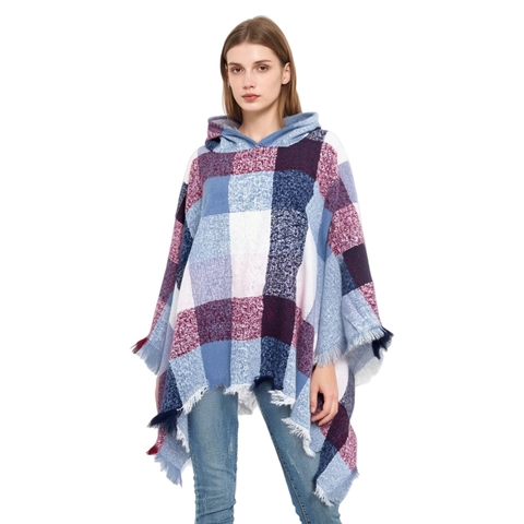Poncho À Capuche Femme Châle Motif À Carreaux Franges Chaud Oversize Hiver Cape Cardigan