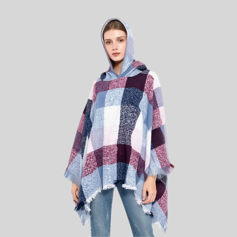 Poncho À Capuche Femme Châle Motif À Carreaux Franges Chaud Oversize Hiver Cape Cardigan