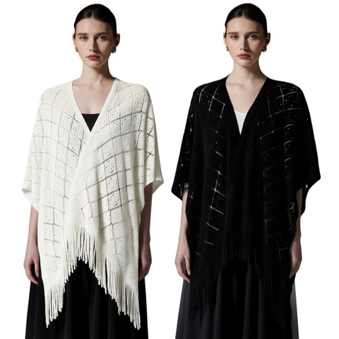 Women's Knit Hollow Out Shawl Tassel Geometric Diamond Pattern Poncho Wrap Lightweight Mid Length Cardigan Outerwear
