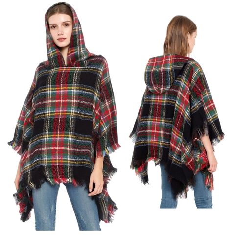 Women Hooded Plaid Poncho Shawl Warm Winter Christmas Cape With Tassel Fringe Soft Polyester Retro Style Outerwear