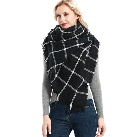 Checkered Scarf Large Warm Shawl Wrap Cashmere Like Polyester Grid Pattern Soft Winter Accessory With Tassels
