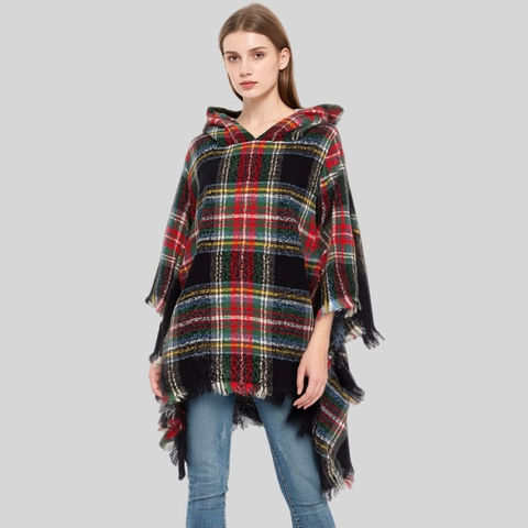 Women Hooded Plaid Poncho Shawl Warm Winter Christmas Cape With Tassel Fringe Soft Polyester Retro Style Outerwear