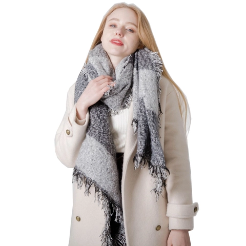 Women Winter Scarf Thickened Boucle Yarn Plaid Asymmetric Shawl With Long Fringe Warm Oversized Fashion Wrap