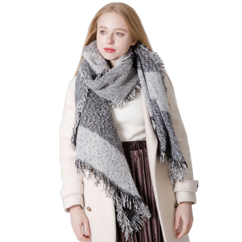 Women Winter Scarf Thickened Boucle Yarn Plaid Asymmetric Shawl With Long Fringe Warm Oversized Fashion Wrap