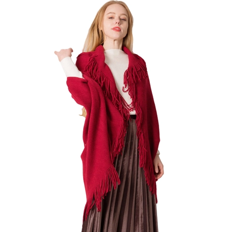 Poncho Tricoté Pour Femme Châle Avec Franges Gland Faux Cachemire Cape Manches Chauve-Souris Automne Hiver Chaud Mode