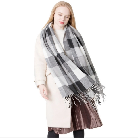 Plaid Scarf Acrylic Cashmere Feel Large Grid Tassel Fringe Shawl British Style Unisex Winter