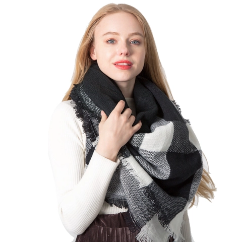 Women Plaid Scarf Cashmere-Like Large Square Shawl With Tassel Winter Warm Grid Wrap For Lady Fashion Accessories