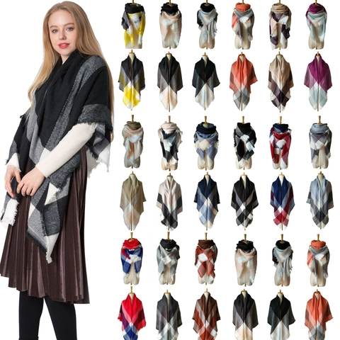Women Plaid Scarf Cashmere-Like Large Square Shawl With Tassel Winter Warm Grid Wrap For Lady Fashion Accessories