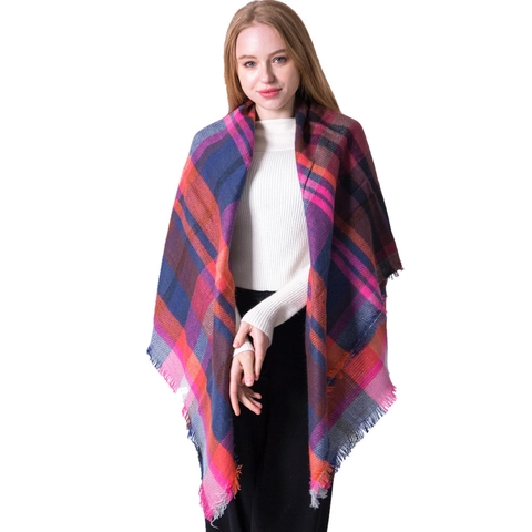 Women Men Winter Oversized Plaid Square Scarf Soft Cashmere Like Acrylic Colorful Checkered Shawl Wrap With Tassel Fringe Warm Pashmina