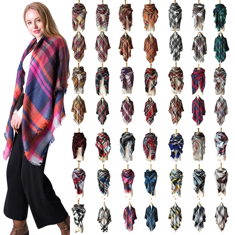 Women Men Winter Oversized Plaid Square Scarf Soft Cashmere Like Acrylic Colorful Checkered Shawl Wrap With Tassel Fringe Warm Pashmina