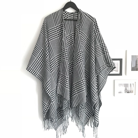 Poncho Châle Pied-De-Poule Pour Femmes Avec Glands Imitation Cachemire Écharpe D'hiver Ouverte Cape Chaude Surdimensionnée Pour Femmes