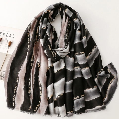 Women Long Scarf Shawl Gold Stamping Animal Print Soft Polyester Wrap With Fringes Elegant Versatile